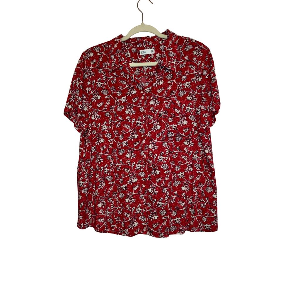 🥳 5/$20 Croft & Barrow Red Floral Short Sleeve Button Down Blouse Petite XL - Picture 1 of 4